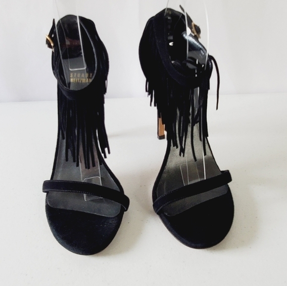 Stuart Weitzman Suede Love Fringe Sandal Size 9 Ankle Strap Black Stiletto Heel - Picture 15 of 16
